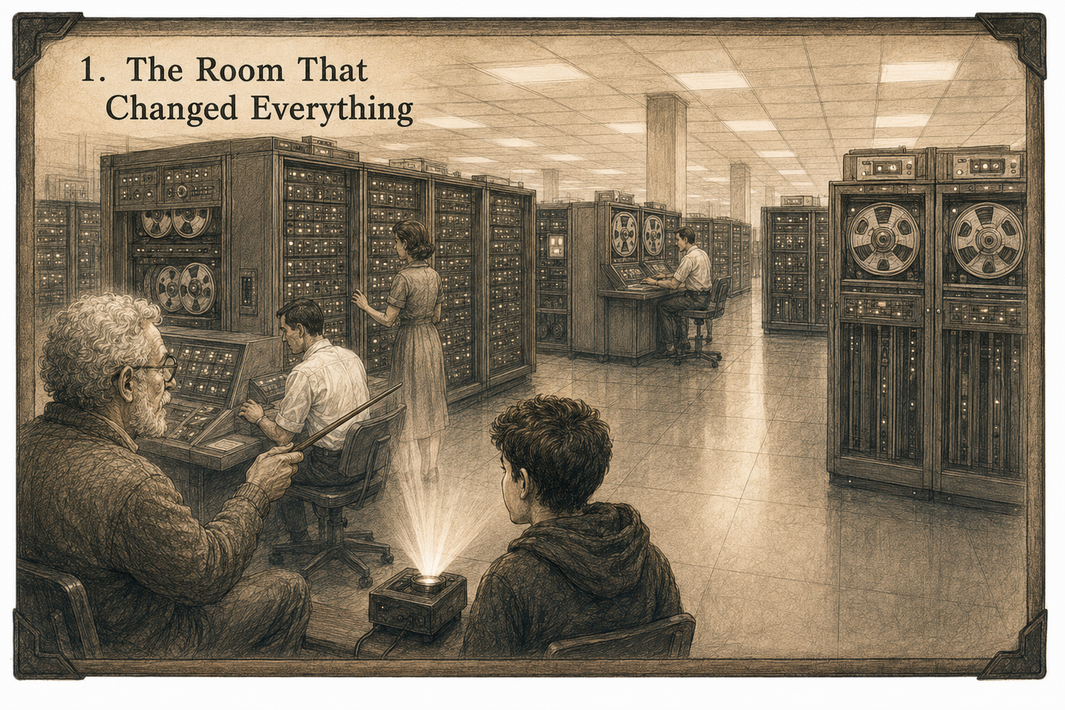 A room-sized computer with blinking lights